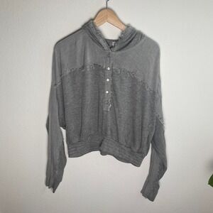Free People Movement XS Womens Windy Meadow Hoodie Gray Snap Pockets Boxy Frayed